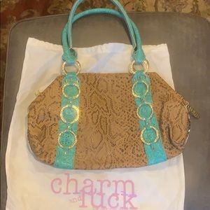 Charm and Luck rhinestone leather Leopard print bag green turquoise trim